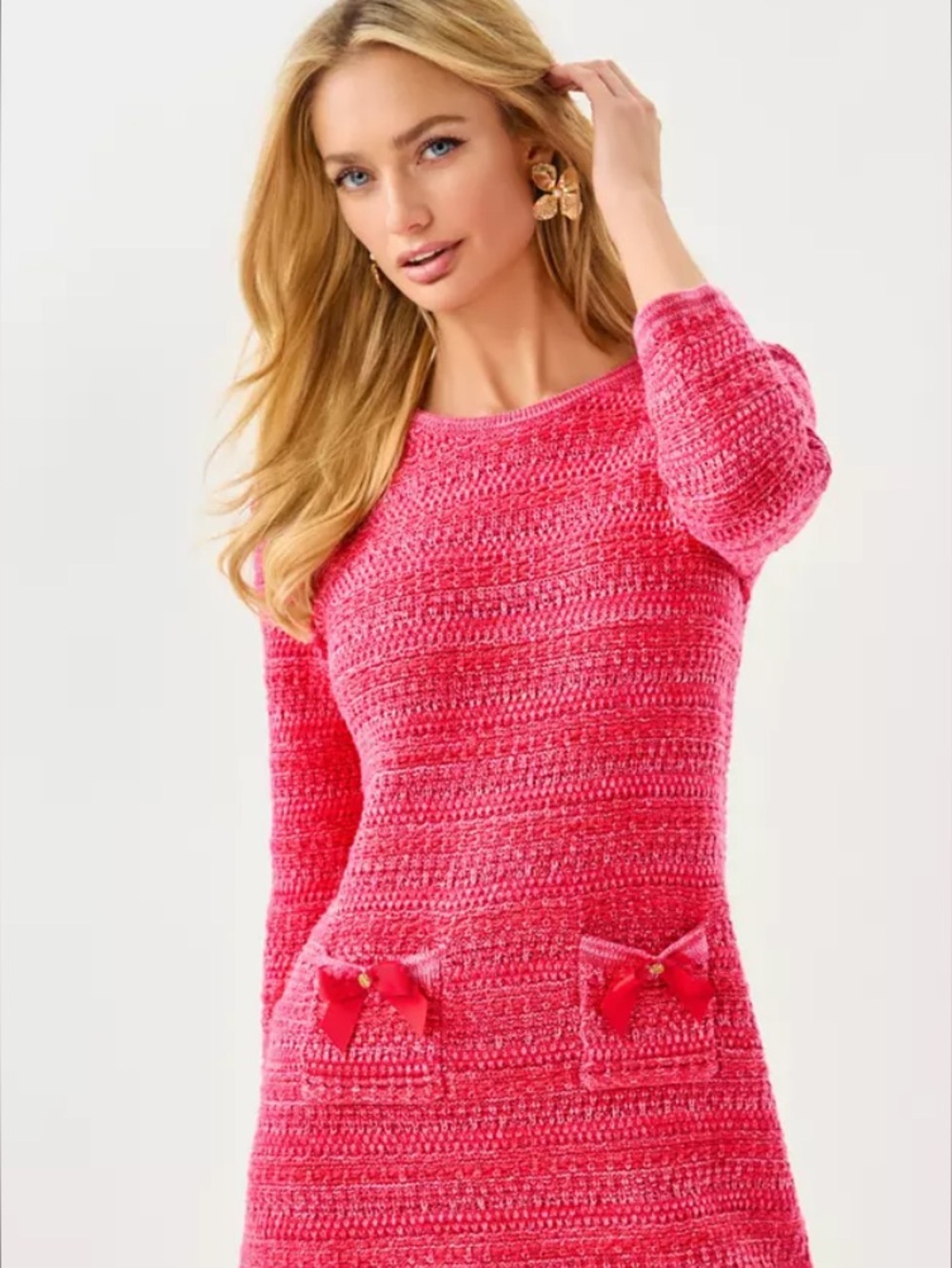 Lilly Pulitzer Pink Textured Knit Sweater Dress with Pocket Bows